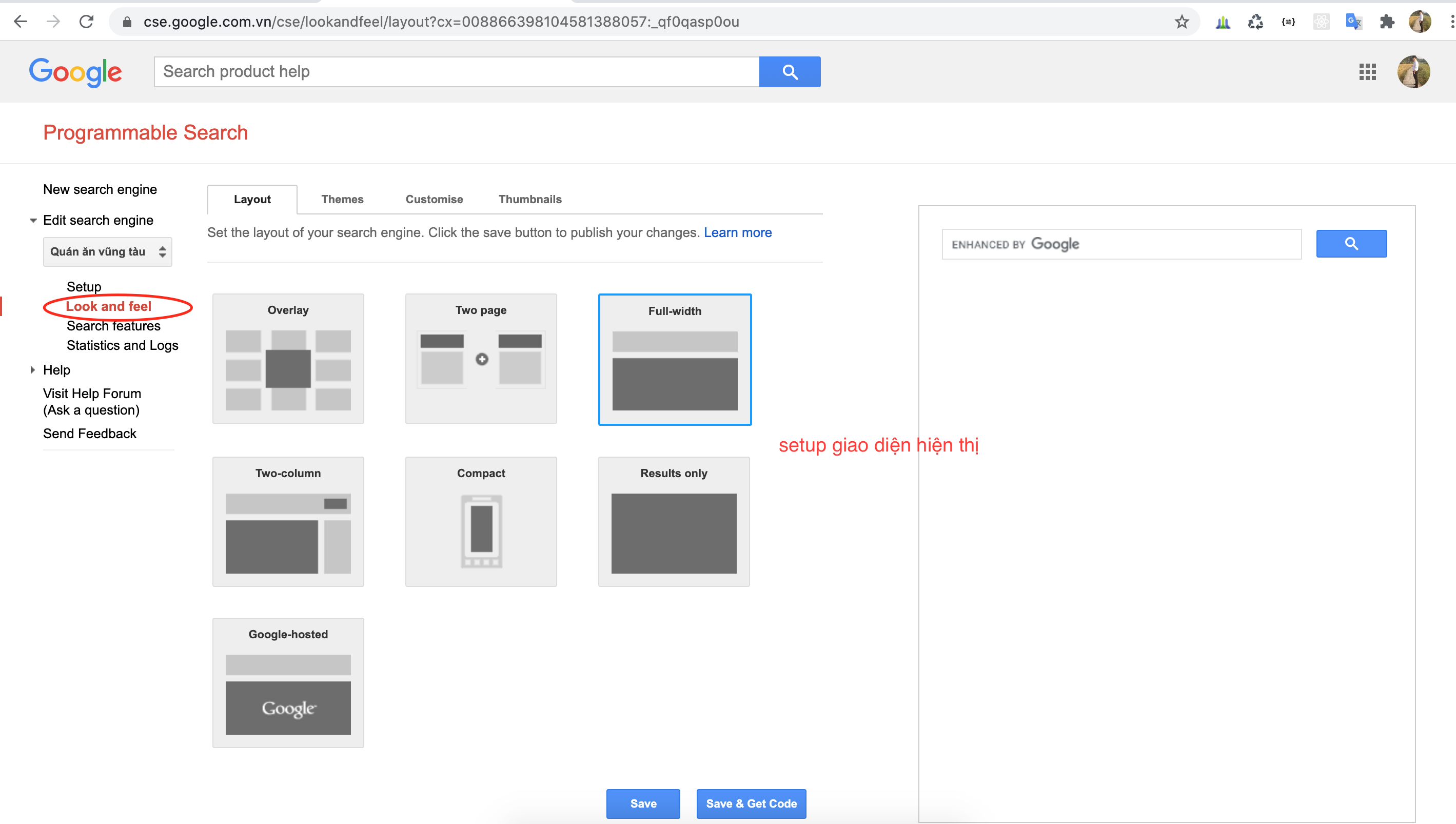 Tích hợp google search vào website